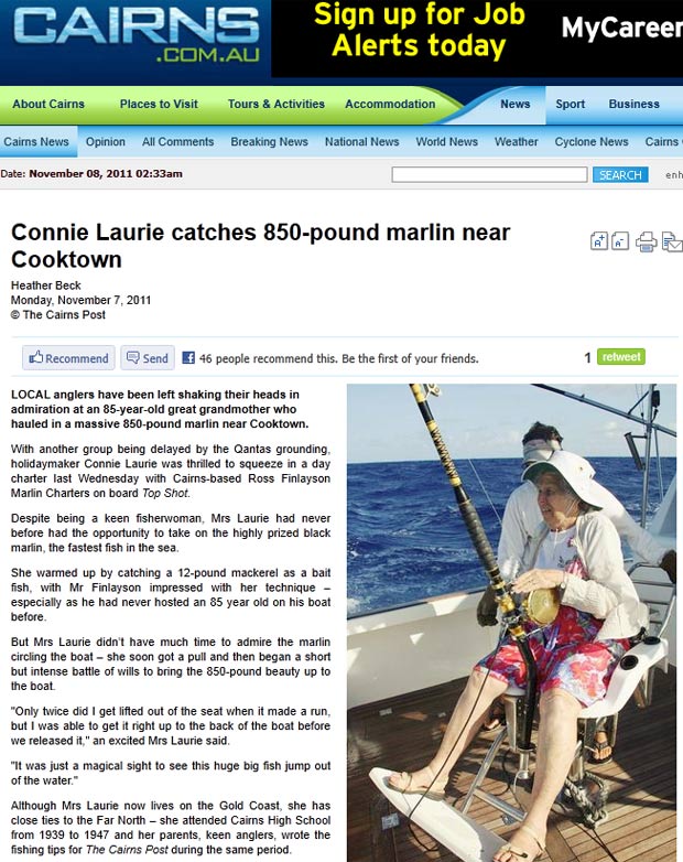 Connie Laurie fisgou um marlin-preto de 385,5 quilos. (Foto: Reprodução)