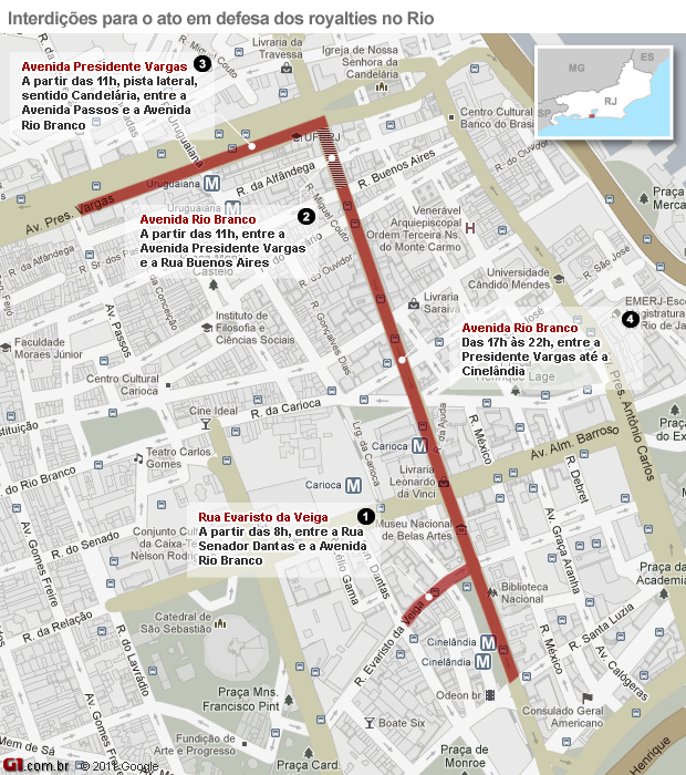 Mapa das interdições no trânsito para ato em defesa dos royalties no Rio de Janeiro (Foto: Arte G1)