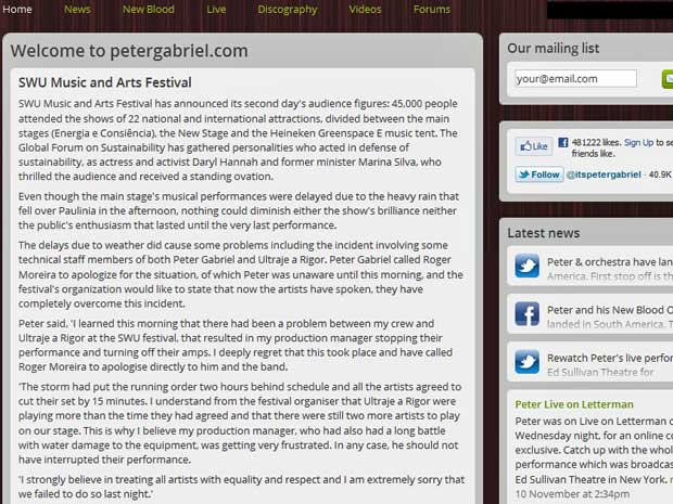 Site ofcial de Peter Gabriel publica nota sobre a briga entre as equipes dele e da banda Ultraje a Rigor (Foto: Reprodução)