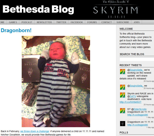 Blog da produtora Bethesda publicou imagem do bebê chamado de Dovahkinn (Foto: Reprodução)