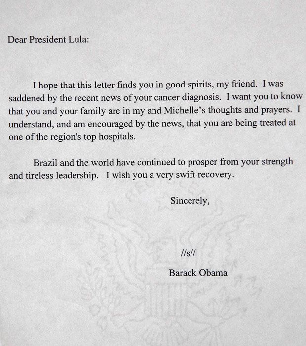 Reprodução da carta enviada a Lula pelo presidente dos EUA, Barack Obama (Foto: Reprodução / Instituto Lula )