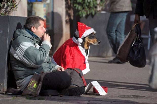 Homem pede esmola com cão fantasiado de Papai Noel. (Foto: Frederick Florin/AFP)