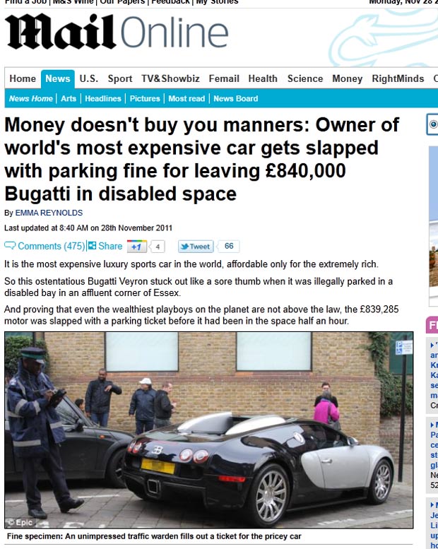 Dono de um Bugatti Veyron foi multado  após parar em uma vaga destinada para deficientes. (Foto: Reprodução/Daily Mail)