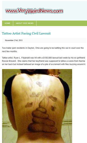 Site "Very Weird News" mostra a suposta tatuagem feita por namorado traído; foto apareceu em blog antes (Foto: Reprodução) (Foto: Reprodução)