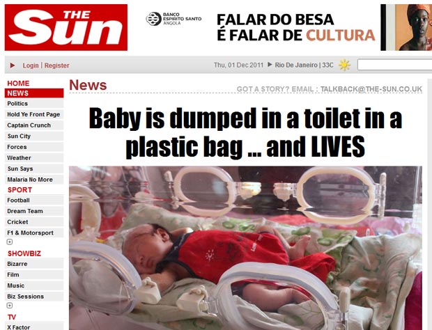 Reportagem do "Tun Sun" mostra foto do bebê chinês encontrado em banheiro na encubadora do hospital (Foto: Reprodução)