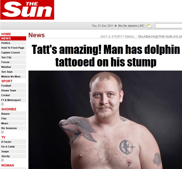 Heine Braeck, de 33 anos, modivicou seu braço amputado com uma tatuagem 3D (Foto: Reprodução/The Sun)