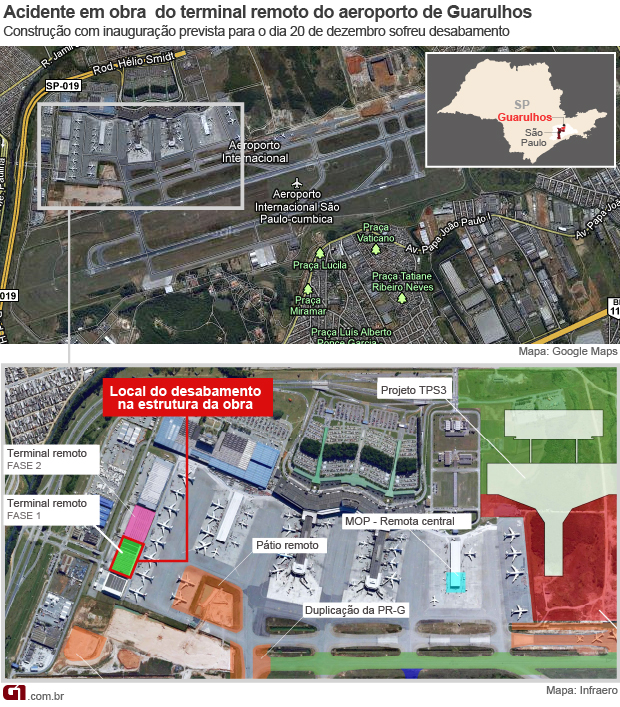 mapa desabamento aeroporto Guarulhos- vale este (Foto: Editoria de Arte/G1)