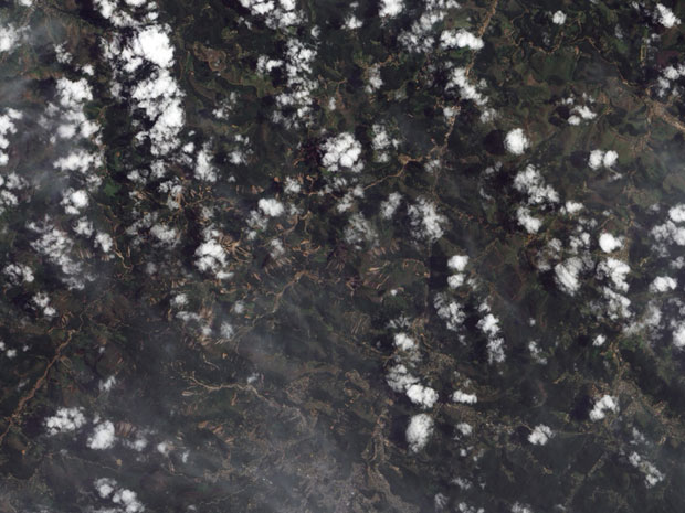 A Nasa capturou uma série de deslizamentos nas montanhas da região serrana do Rio de Janeiro, vistas nas imagens tom amarelo do início do ano (Foto: Nasa)