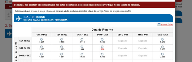 Site da TAM no dia 12 de dezembro mostra tarifas disponíveis para Fortaleza. (Foto: Reprodução)