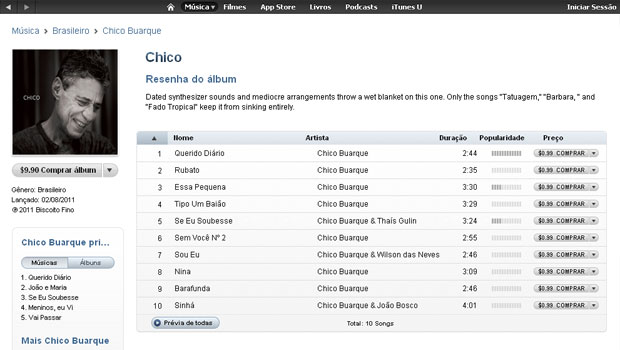 Usuário consegue navegar pelos álbuns e ter prévia das músicas (Foto: Reprodução)