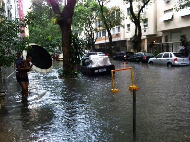 Chuva alagou Rua Bulhões der Carvalho, em Copacabana, na Zona Sul do Rio (Foto: G1)