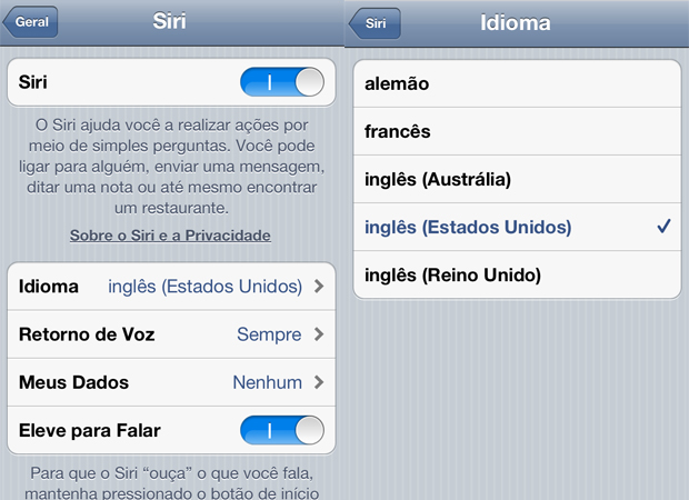 A tela de configurações do Siri e as opções de escolha de idioma do usuário (Foto: Reprodução)