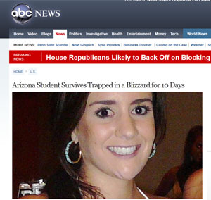 Reportgem da rede ABC mostra imagem de Lauren Weinberg, 23, que sobreviveu 9 dias em carro preso sob neve (Foto: Reprodução)