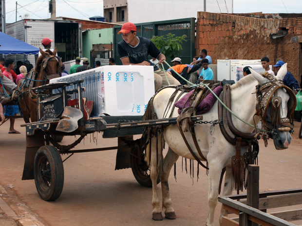 Morador do Itapoã transporta geladeira doada pela CEB em carroça (Foto: CEB / Divulgação)