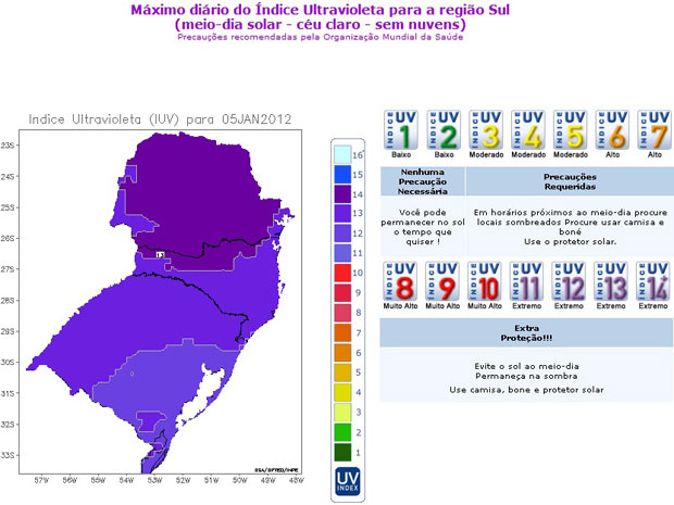 Mapa da radiação ultravioleta aponta índices 12 e 13 no Rio Grande do Sul (Foto: Reprodução/CPTEC/INPE)