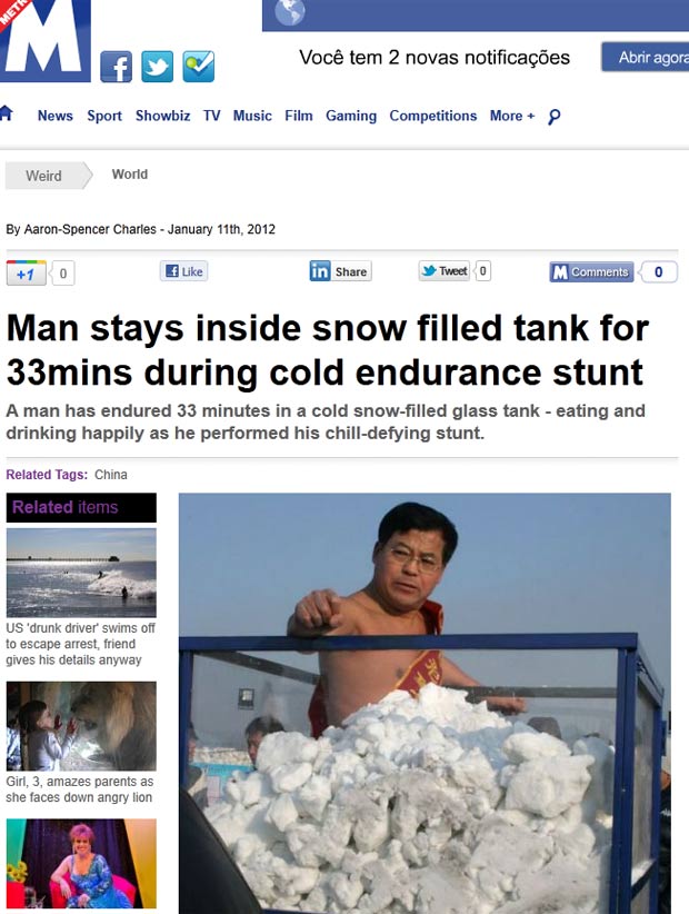 Jin Songhao ficou 33 minutos dentro de um tanque com neve em Harbin. (Foto: Reprodução/Metro)