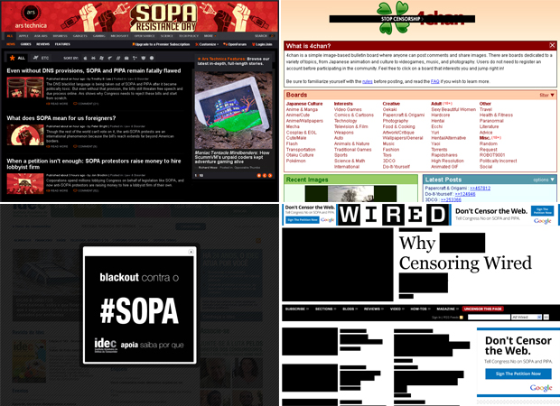 Sites fizeram protesto contra a SOPA: Ars Technica (traz notícias de tecnologia), 4chan (fórum on-line), Wired (revista de tecnologia) e Idec (instituto brasileiro) (Foto: Reprodução)