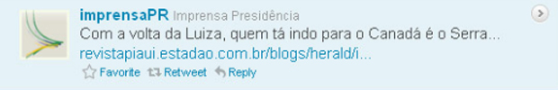 Em mensagem no Twitter, perfil da Secretaria de Impresa da Presidência publicou que José Serra iria para o Canadá (Foto: Reprodução)