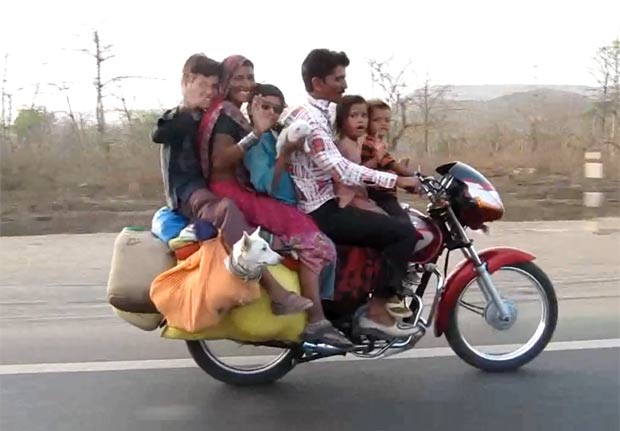 Flagra mostra seis pessoas e dois cães em moto na Índia.  (Foto: Reprodução/YouTube)