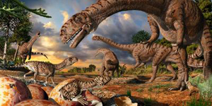 Ilustração mostra como seriam os dinossauros e seus ovos há 190 milhões de anos. (Foto: Julius Csotonyi / PNAS / Divulgação)