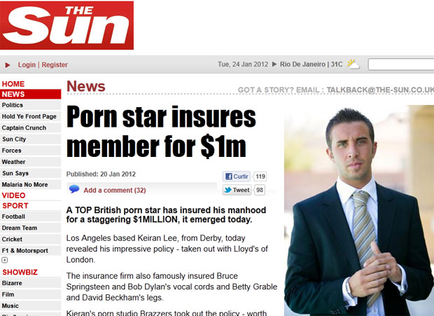 Mídia britânica noticiou caso do ator pornô que fez seguro para o próprio membro (Foto: Reprodução/The Sun)