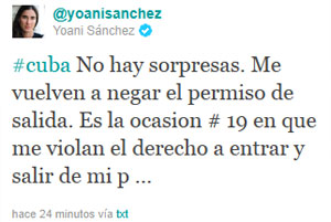 Comentário postado por Yoani Sánchez em seu microblog (Foto: Reprodução/Twitter)