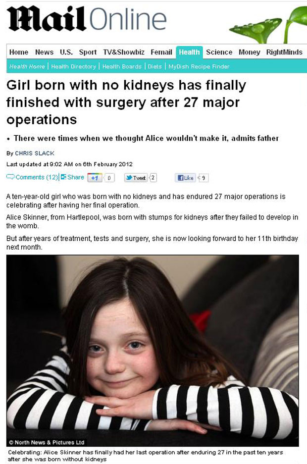 A inglesa Alice Skinner nasceu sem os rins (Foto: Reprodução/Daily Mail)