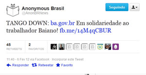 No Twiter, hackers do grupo Anonymous assumem autoria do ataque ao site do governo da Bahia. (Foto: Reprodução)
