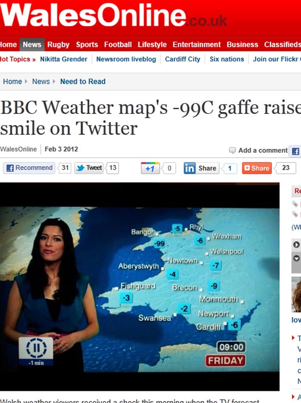'BBC' acabou cometendo gafe e mostrou temperatura de menos 99º C. (Foto: Reprodução)
