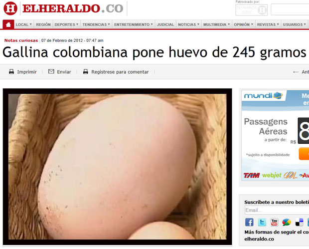 Mídia colombiana repercutiu o caso do ovo recordista (Foto: Reprodução/El Heraldo)
