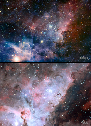 Na comparação, a foto acima foi feita a partir de radiação infravermelha; abaixo, uma imagem obtida com luz visível. (Foto: ESO)