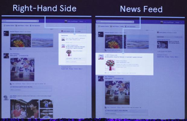 Anúncios do Facebook no canto direito superior (como é hoje) e no meio da atualização de notícias (como a empresa irá fazer). (Foto: Mike Segar/Reuters)