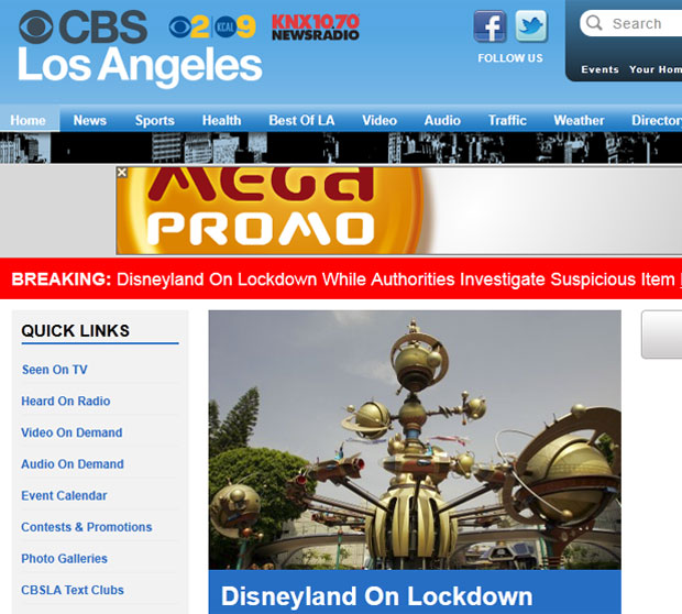Fechamento da entrada principal da Disneylândia foi destaque na mídia local (Foto: Reprodução/CBS Los Angeles)