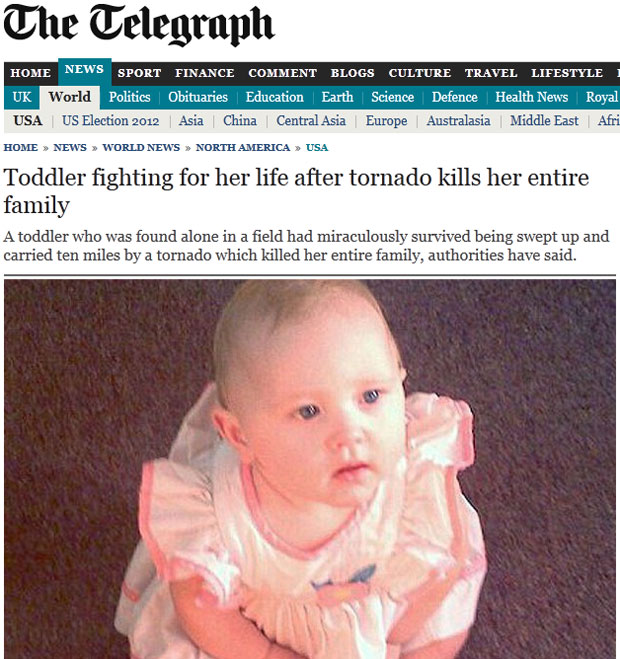 Morre bebê encontrada viva após tornado nos EUA 