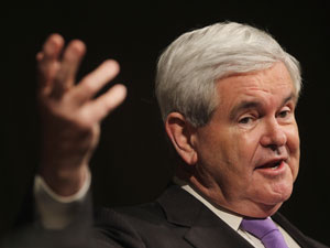 Newt Gingrich fala ao público durante evento de campanha em uma universidade de Bowling Green, Ohio, no sábado (3) (Foto: AFP)