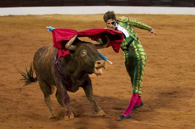 Padilla dribla o touro durante evento em uma arena de Olivenza, no sudoeste da Espanha (Foto: Daniel Ochoa de Olza/AP)