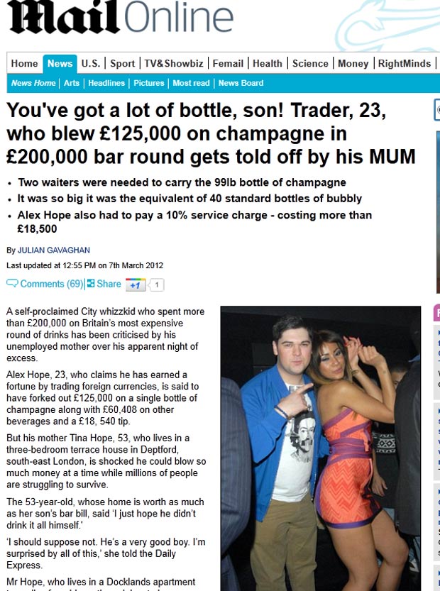 Alex Hope gastou mais de 200 mil libras em uma rodada de bebidas durante uma noitada. (Foto: Reprodução/Daily Mail)