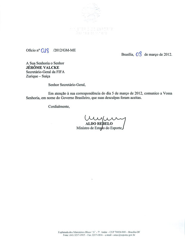 Carta do ministro Aldo Rebelo ao secretário-geral da Fifa, Jérôme Valcke (Foto: Reprodução)