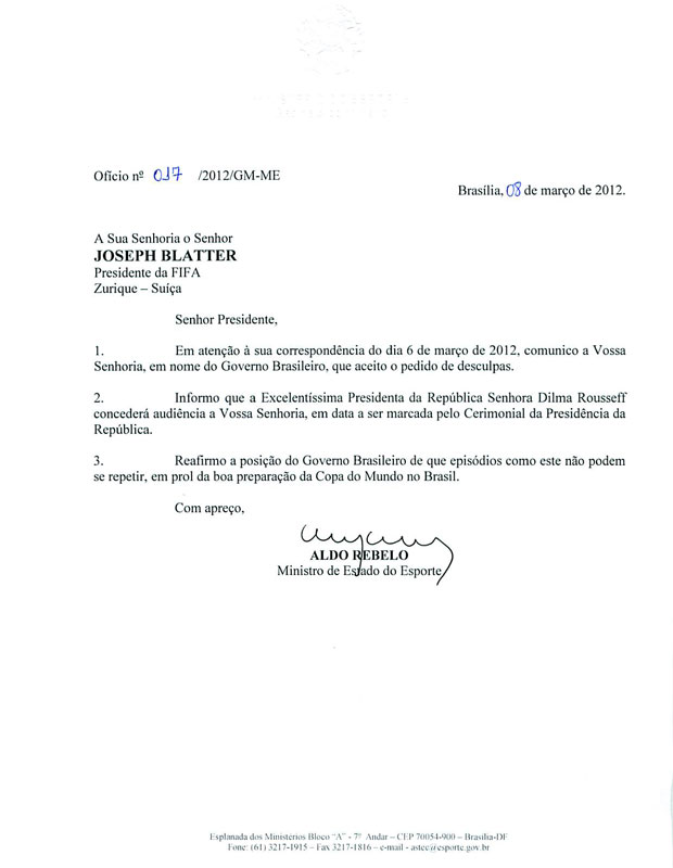 Carta do ministro Aldo Rebelo ao presidente da Fifa, Joseph Blatter (Foto: Reprodução)