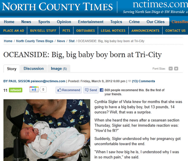 O bebê Jayden nasceu com 6,3 quilos em uma cidade da Califórnia' (Foto: Reprodução/North County Times)