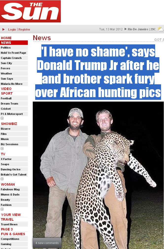 Os irmãos Trump, filhos do empresário norte-americano Donald Trump, em foto tirada com corpo de leopardo. Paixão pela caça provocou ira de organizações ambientais. (Foto: Reprodução)