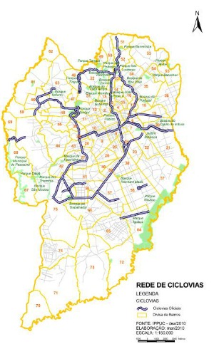 Mapa mostra rede de ciclovias de Curitiba. Linhas azuis representam vias exclusivas para bicicletas (Foto: Divulgação/IPPUC)
