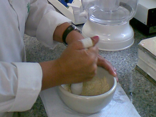 Pesquisadora prepara o pó da semente de moringa em laboratório do Inpa. (Foto: Divulgação / Edilene Sargentini)