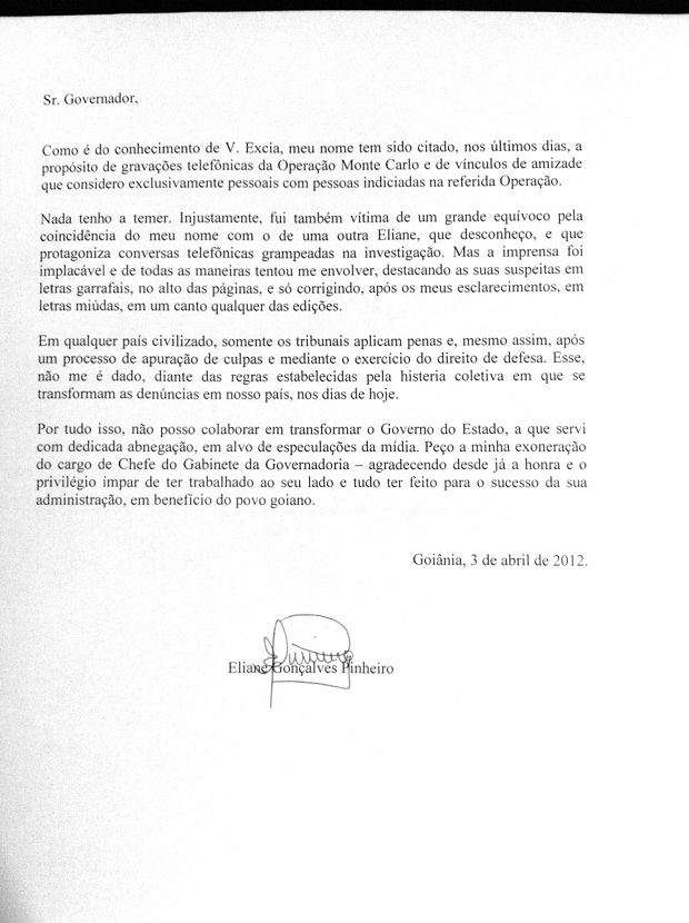 Carta com pedido de exoneração de Eliane Pinheiro. (Foto: Gabinete de Imprensa da Governadoria de Goiás/Divulgação)