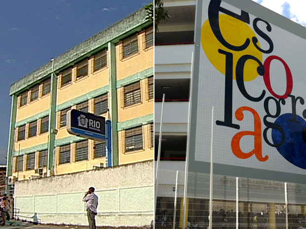 A Escola Tasso da Silveira em 2011 (à esquerda) e um ano após a tragédia (à direita) (Foto: G1 / G1)