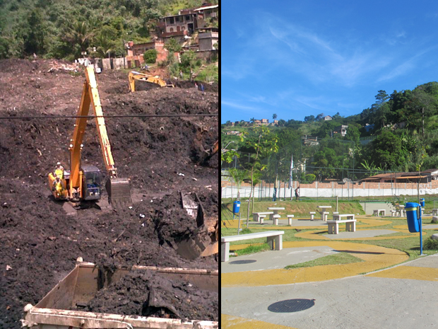 À esquerda, retroescavaderias buscam copos na lama apó sdeslizamento no Morro do Bumba, em 2010; à direita, a nova praça construída no local (Foto: Carolina Lauriano / G1)