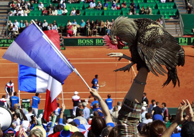 Torcedor driblou segurança e levou galo a jogo de tênis na França. (Foto: Eric Gaillard/Reuters)