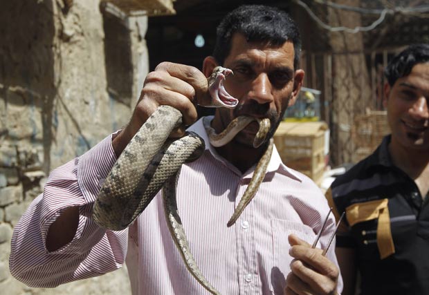 Um vendedor foi flagrado segurando uma cobra com a boca enquanto tentava vender nesta sexta-feira (6) o réptil em um mercado de animais em Bagdá, no Iraque. (Foto: Thaier al-Sudani/Reuters)
