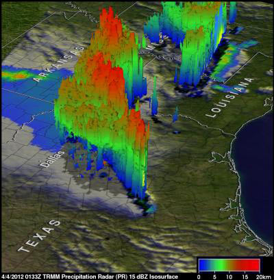 Tempestades captadas por sistema da Nasa na última terça-feira (3), nos arredores de Dallas, nos Estados Unidos (Foto: Hal Pierce/NASA/SSAI )