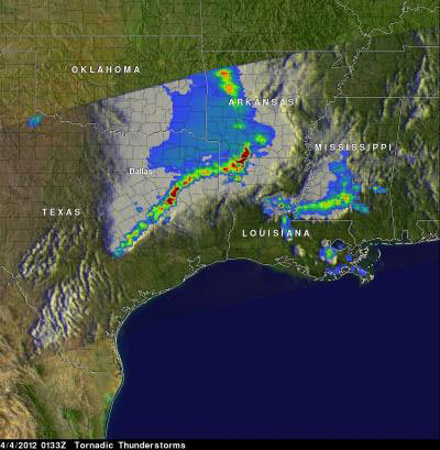 Tempestades captadas por sistema da Nasa na última terça-feira (3), nos arredores de Dallas, nos Estados Unidos (Foto: Hal Pierce/NASA/SSAI)